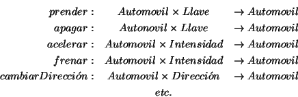 \begin{eqnarray*}
prender: & Automovil\times Llave & \rightarrow Automovil\\
ap...
...il\times Direcci\acute{o}n & \rightarrow Automovil\\
& etc. &
\end{eqnarray*}